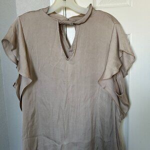 Worthington Women's Blouse with Cutout Neck and Flutter Sleeves -Taupe - Size XL